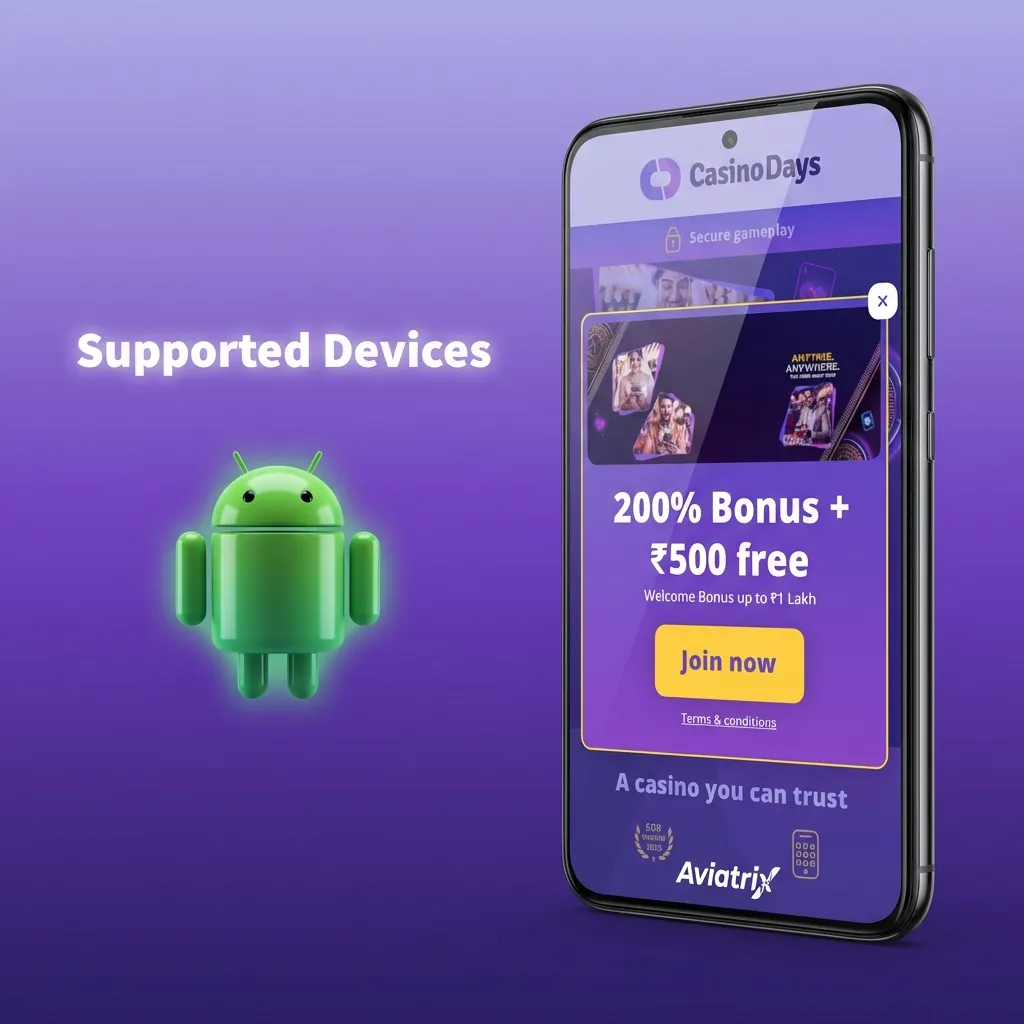 Graphic showing “Supported Devices” with a list of compatible iPhone and iPad models for Casino Days Aviatrix on iOS