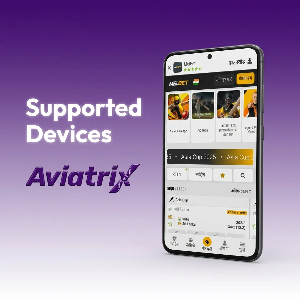 Grid of budget, mid-range, and flagship Android phones labeled as supported devices for smooth Aviatrix Melbet play.